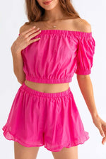 TASHA APPAREL Off Shoulder Crop Top and Ruffled Shorts Set at Bella Road