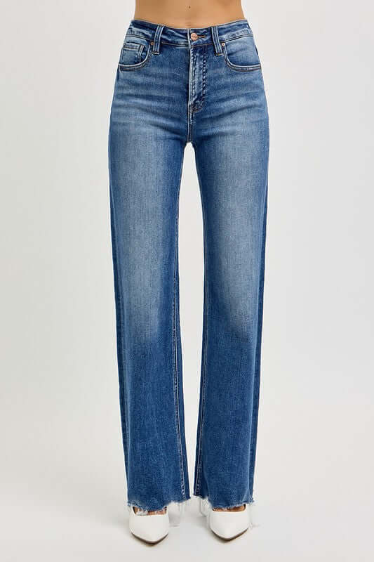 Tummy control high rise raw cut jeans designed for comfort and style, flattering belly curves with a unique cut.