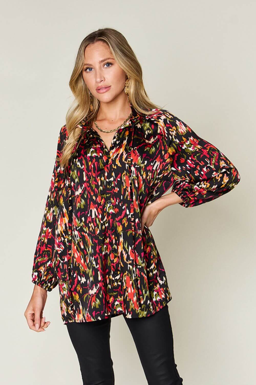 DOUBLE TAKE Full Size Printed Button Up Long Sleeve Shirt at Bella Road