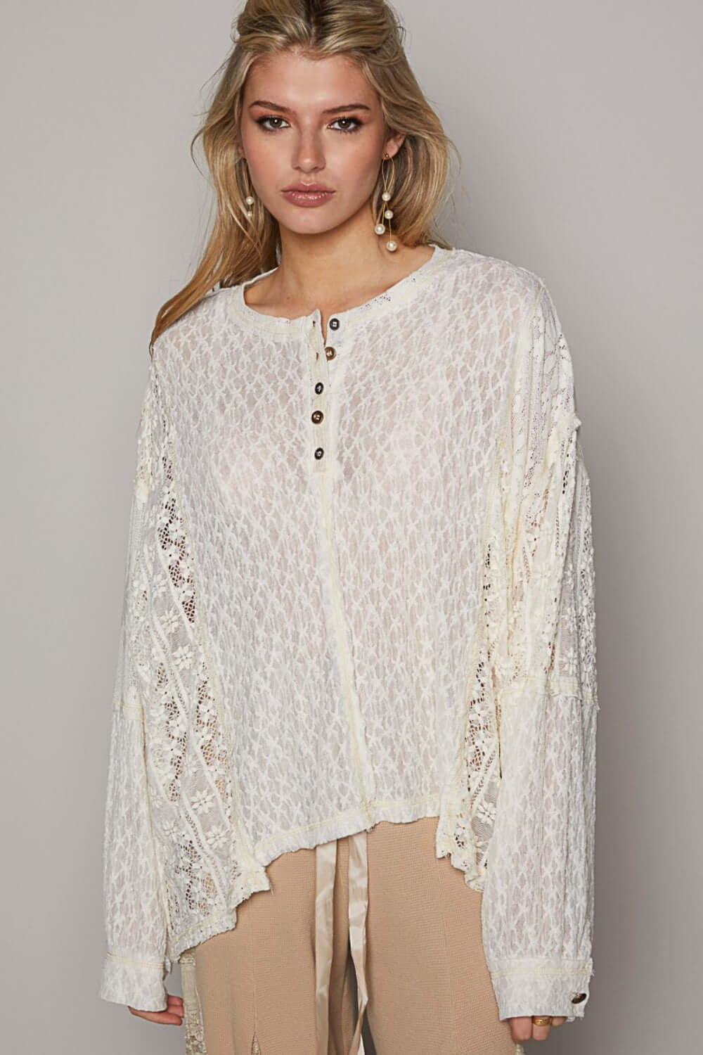 POL Round Neck Long Sleeve Raw Edge Lace Top at Bella Road