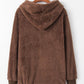 Cozy brown teddy hoodie with a quarter-zip and drawstring, perfect for warmth and style.