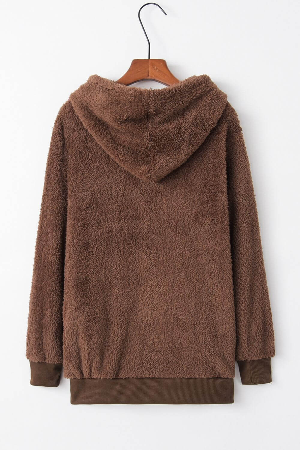 Cozy brown teddy hoodie with a quarter-zip and drawstring, perfect for warmth and style.