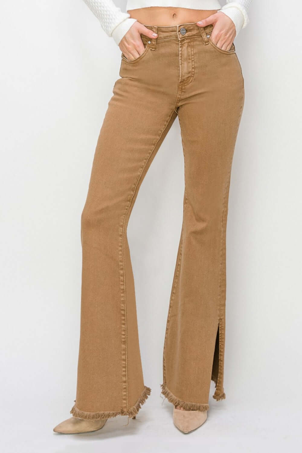 Woman modeling Bailey High Waist Side Slit Flare Jeans in brown denim, showcasing the side slit detail and flare leg style by Risen Jeans