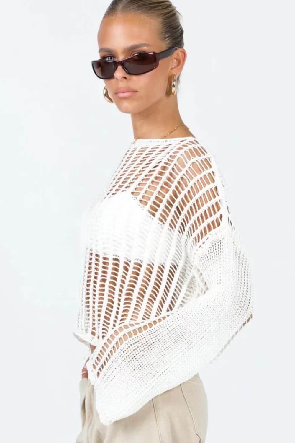 BELLA ROAD Openwork Boat Neck Long Sleeve Cover Up at Bella Road