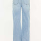 Distressed high-waist straight jeans in light blue, featuring a pocketed design and slightly stretchy cotton-spandex material for a modern look.