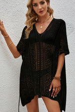 BELLA ROAD Openwork V-Neck Short Sleeve Cover Up at Bella Road