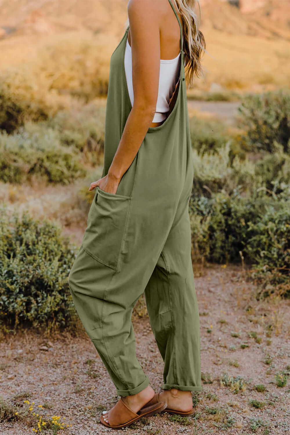 DOUBLE TAKE Full Size V-Neck Sleeveless Jumpsuit with Pockets at Bella Road