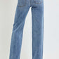 Stylish high rise straight leg jeans with back pockets, showcasing a classic look. Perfect everyday wear.