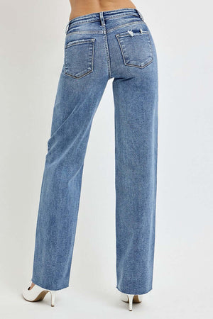 Stylish high rise straight leg jeans with back pockets, showcasing a classic look. Perfect everyday wear.