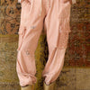 Distressed Cargo Denim Jogger with Crochet Pockets - Coral Haze