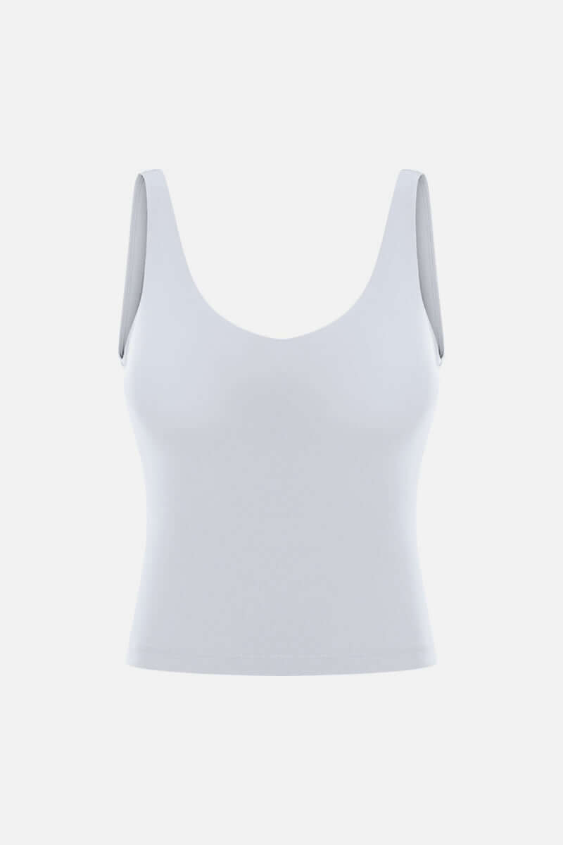 Soft, stretchy Millennia V Neck Active Tank in light blue, perfect for workouts and athleisure styles.