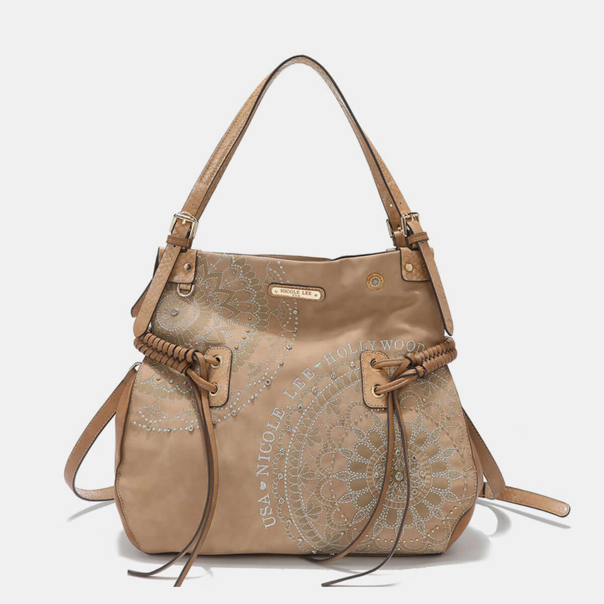 Nicole Lee USA hobo bag in vegan leather with side braided tassels, inlaid rhinestones, and embroidered design.