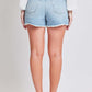 Back view of YMI Jeans distressed frayed hem denim shorts for a casual summer look, paired with a white top and sandals.