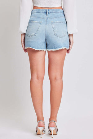 Back view of YMI Jeans distressed frayed hem denim shorts for a casual summer look, paired with a white top and sandals.