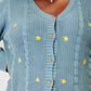 HEYSON full-size floral embroidered cable cardigan in blue with yellow floral accents, button-down design for cozy elegance.