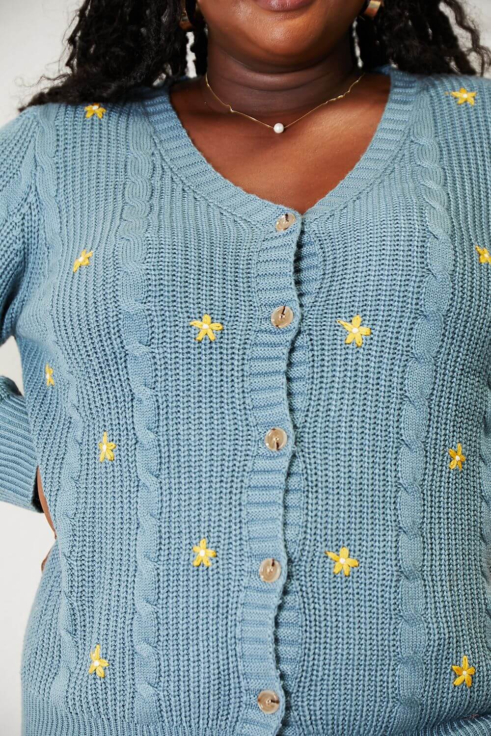 HEYSON full-size floral embroidered cable cardigan in blue with yellow floral accents, button-down design for cozy elegance.