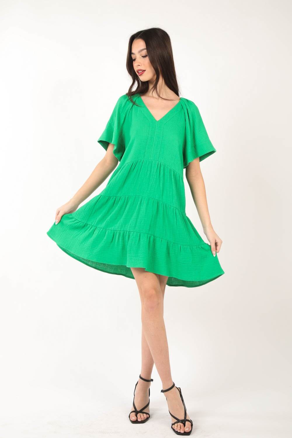 VERY J Texture V-Neck Ruffled Tiered Dress at Bella Road