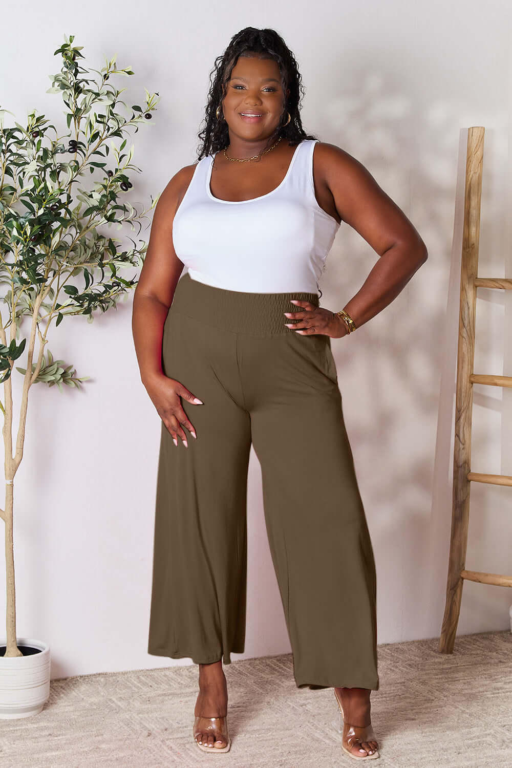 DOUBLE TAKE Full Size Smocked Wide Waistband Wide Leg Pants at Bella Road