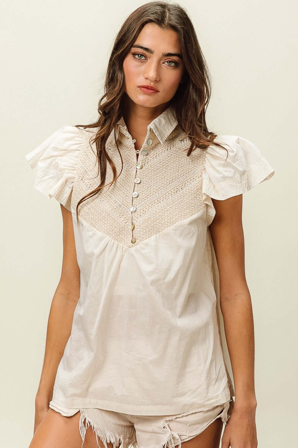 BIBI Half Button Collared Neck Short Sleeve Top at Bella Road