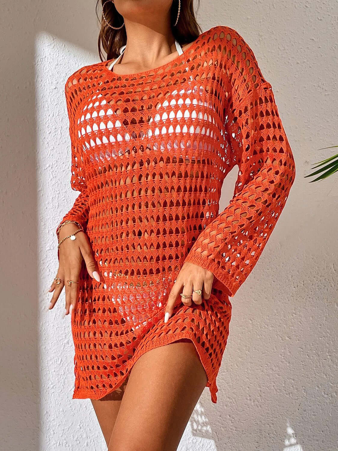 BELLA ROAD Openwork Boat Neck Long Sleeve Cover-Up at Bella Road