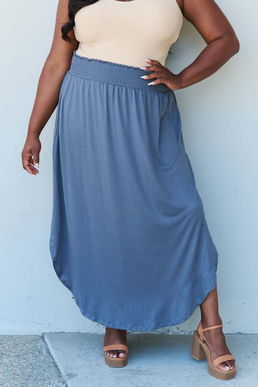 DOUBLJU Comfort Princess Full Size High Waist Scoop Hem Maxi Skirt in Dusty Blue at Bella Road