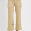 RISEN Full Size High Rise Wide Straight Cuffed Patch Jeans Plus Size - Tan