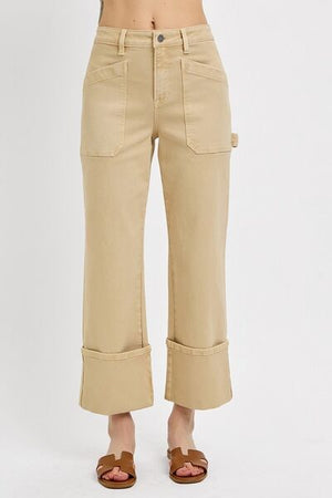 RISEN plus size high rise wide straight cuffed patch jeans in light beige, featuring stylish cuffed bottoms and pockets.