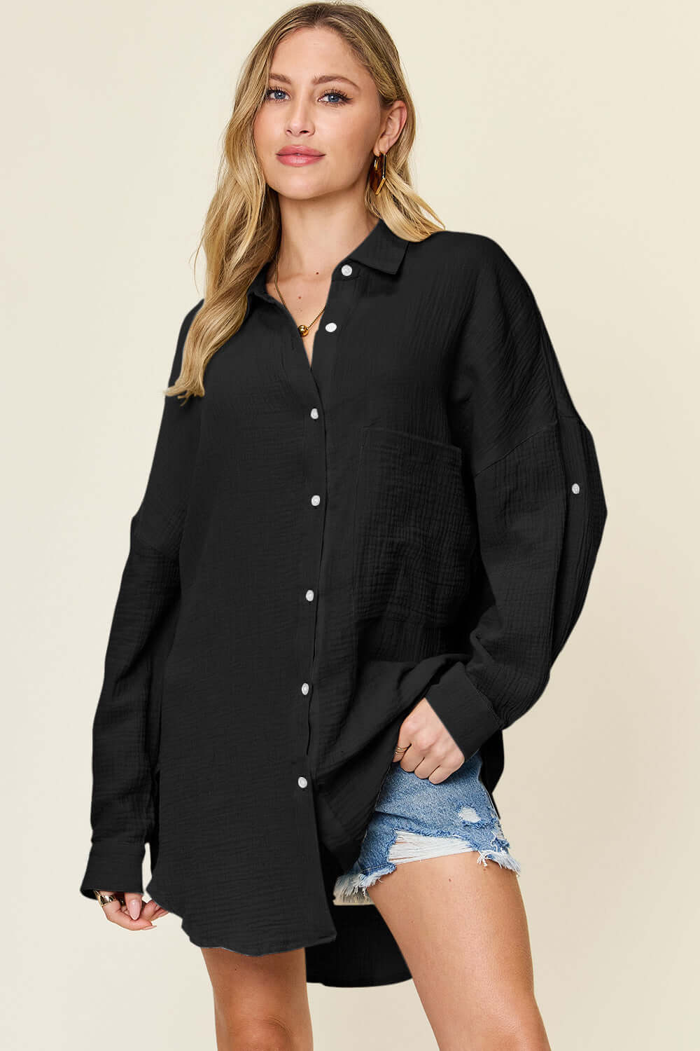 DOUBLE TAKE Full Size Pocketed Texture Button Up Shirt at Bella Road