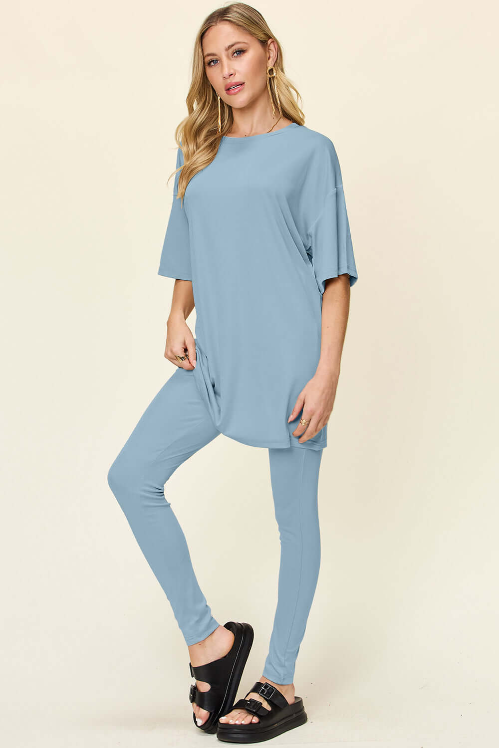 DOUBLE TAKE Full Size Round Neck Dropped Shoulder T-Shirt and Leggings Set at Bella Road