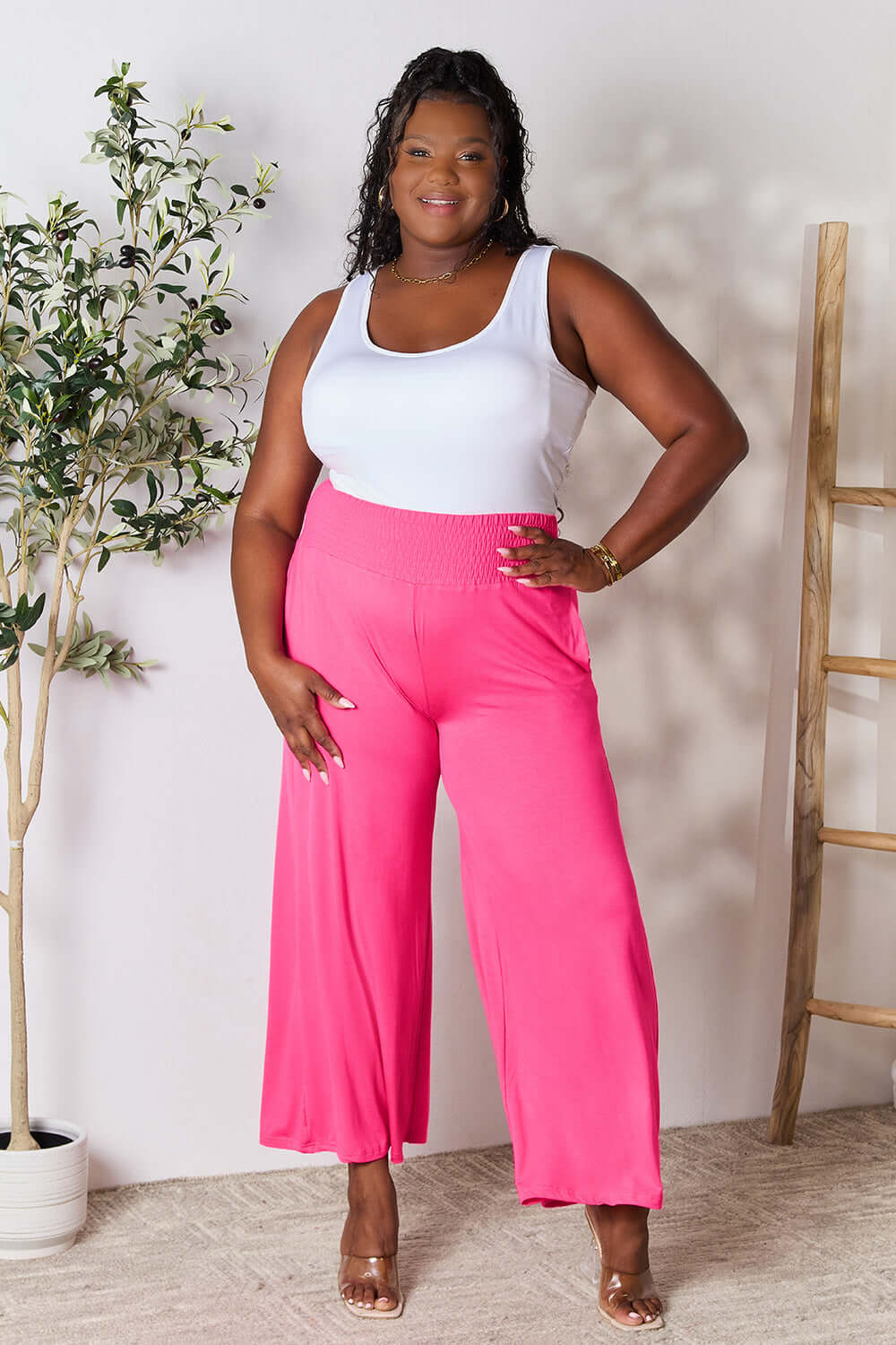 DOUBLE TAKE Full Size Smocked Wide Waistband Wide Leg Pants at Bella Road