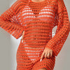 Openwork Boat Neck Long Sleeve Cover-Up - Orange