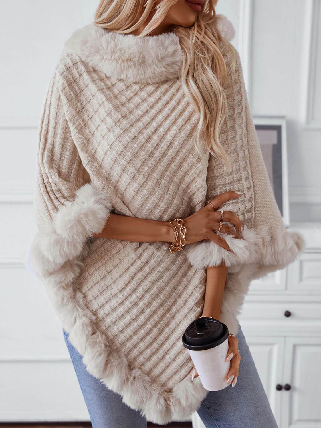 Cozy Bella Road fuzzy trim poncho with textured design and three-quarter sleeves, perfect for chilly days.