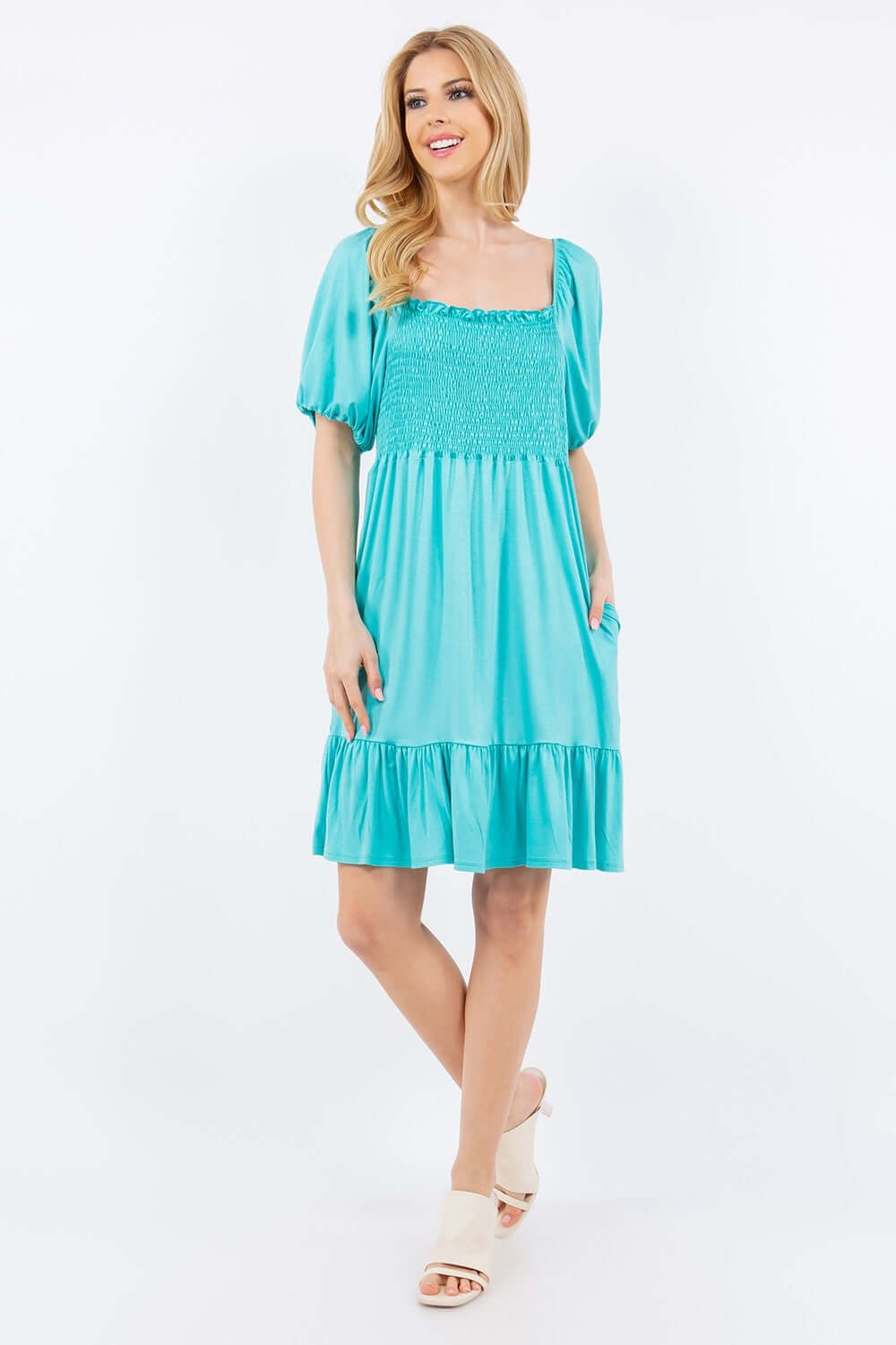 CELESTE Full Size Ruffle Hem Short Sleeve Smocked Dress at Bella Road