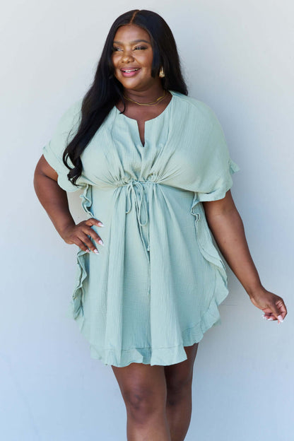 Out Of Time Full Size Ruffle Hem Dress with Drawstring Waistband in Light Sage