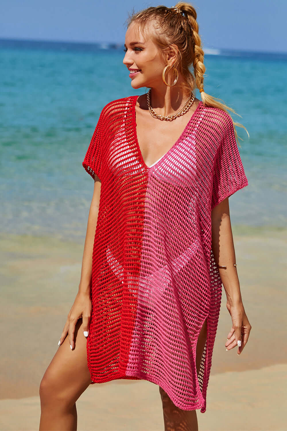 DOUBLE TAKE Openwork Contrast Slit Knit Cover Up at Bella Road