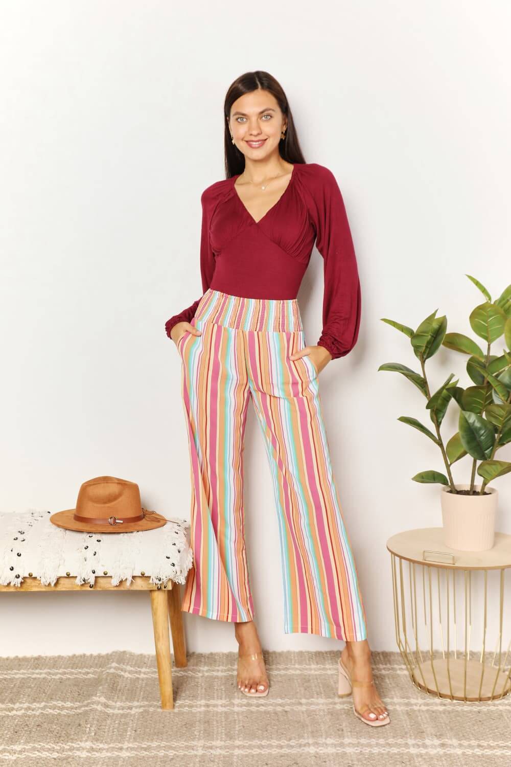 DOUBLE TAKE Striped Smocked Waist Pants with Pockets at Bella Road