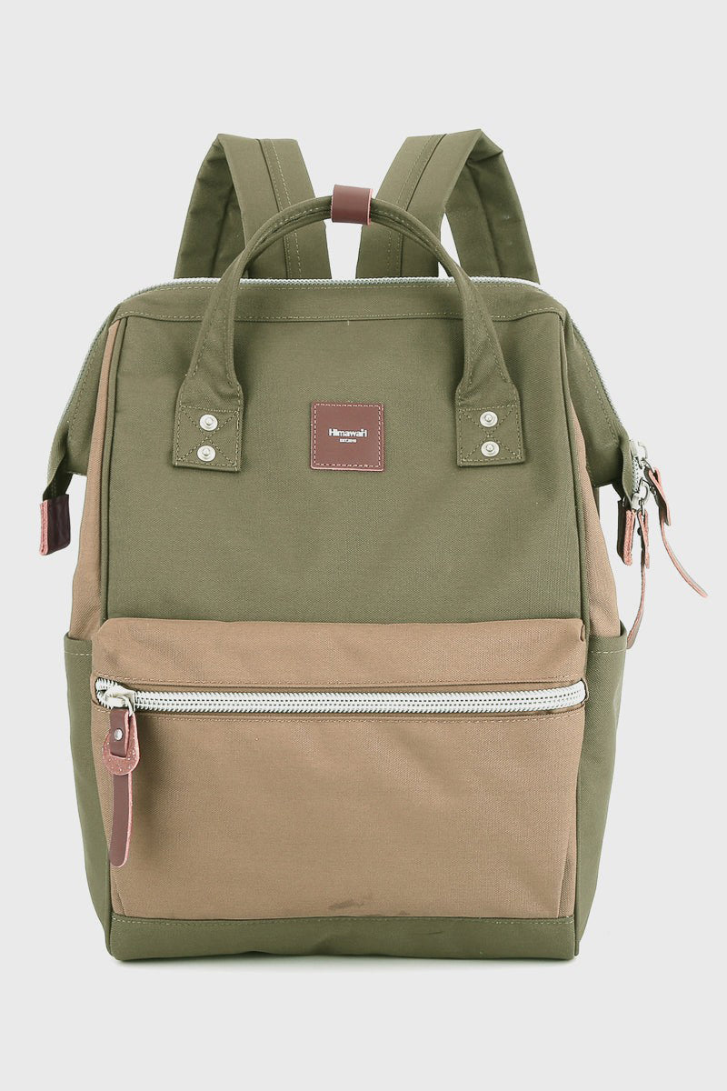 Himawari water-resistant canvas backpack with side pockets in green and brown, perfect for stylish and organized adventures.