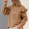 Double Take Ruffled Texture Half Zip Long Sleeve Sweatshirt - Tan