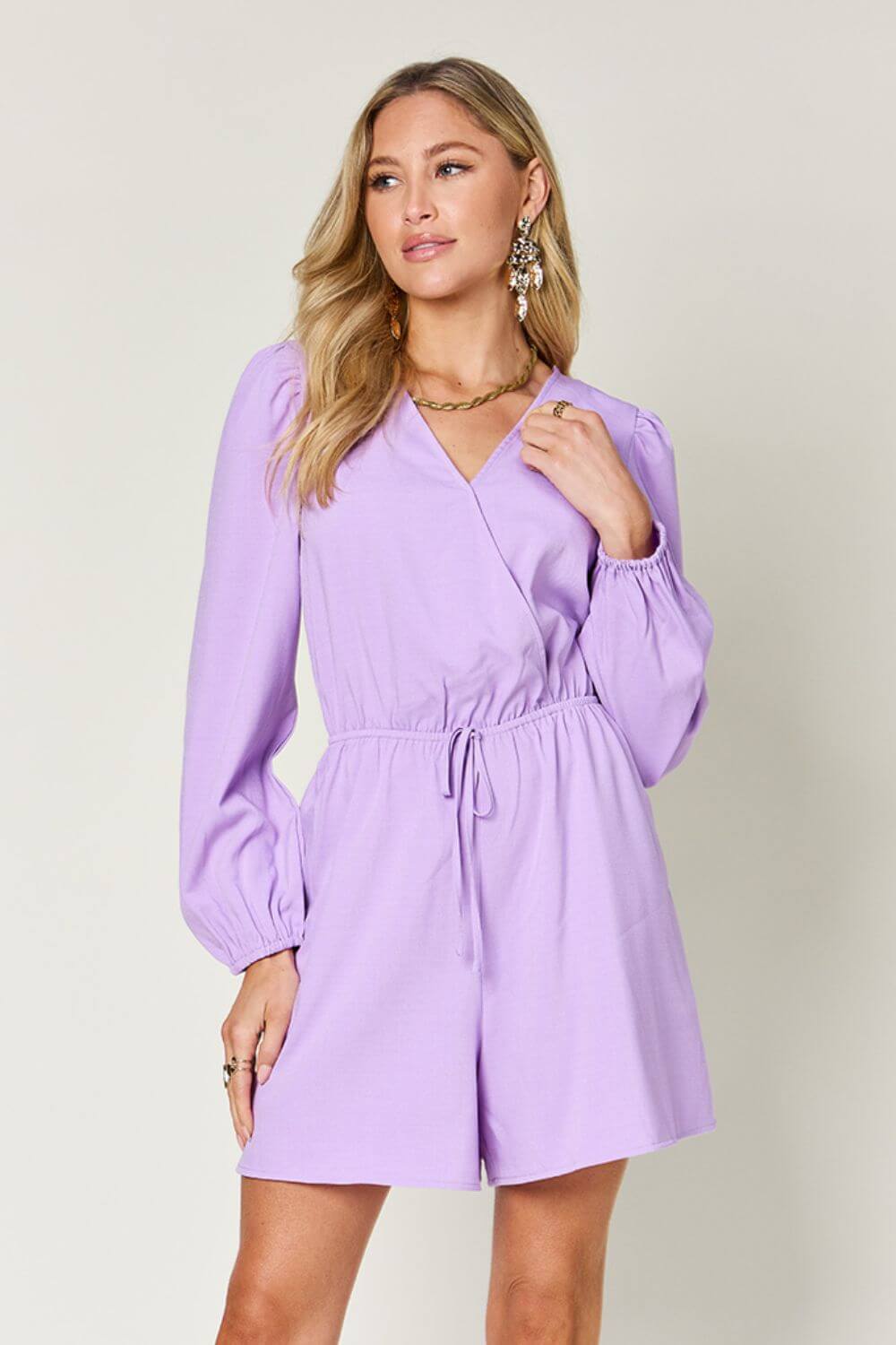 DOUBLE TAKE Full Size Drawstring Long Sleeve Romper at Bella Road