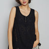 POL Crochet Lace Mix Button Detail Round Neck Tank - Black