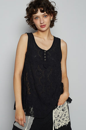 Black POL Crochet Lace Mix Tank Top with Button Detail and Round Neck for a stylish summer look.