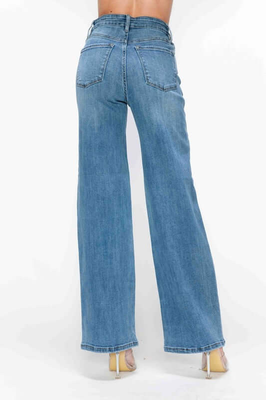 Back view of bytos Full Size High Rise Wide Leg Jeans showcasing stylish pockets and a flattering fit.