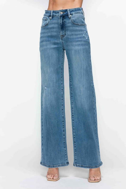 bytos full-size high rise wide leg jeans with pockets, offering a stylish and flowing denim look.