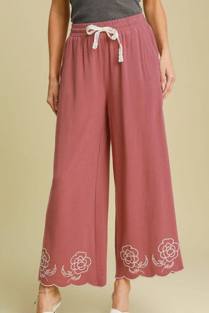 Chic Umgee full size linen blend wide leg pants with scalloped hem and floral embroidery, perfect for warm weather.