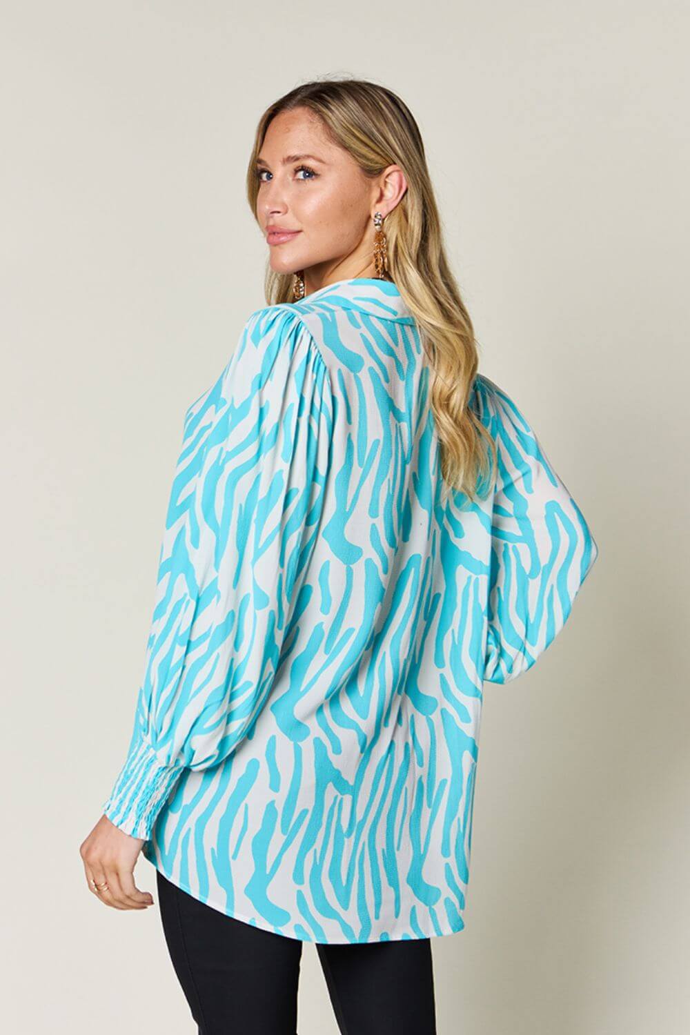 DOUBLE TAKE Full Size Printed Smocked Long Sleeve Blouse at Bella Road