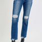 Stylish high rise distressed crop straight jeans with edgy rips and a flattering fit, perfect for a chic, versatile denim look.