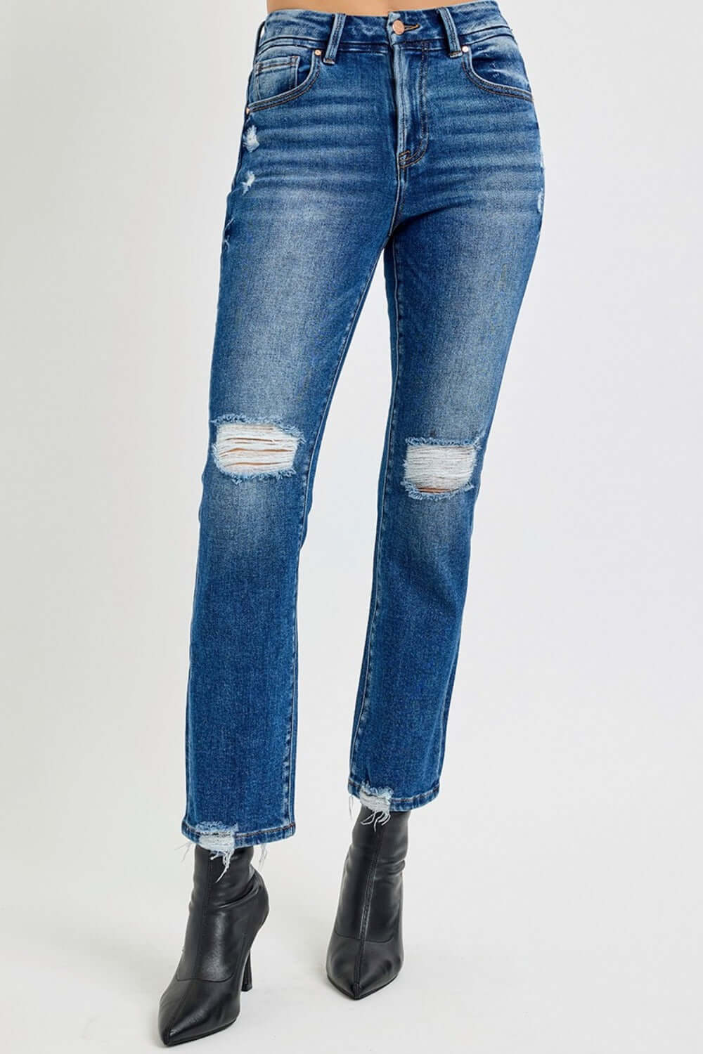 Stylish high rise distressed crop straight jeans with edgy rips and a flattering fit, perfect for a chic, versatile denim look.