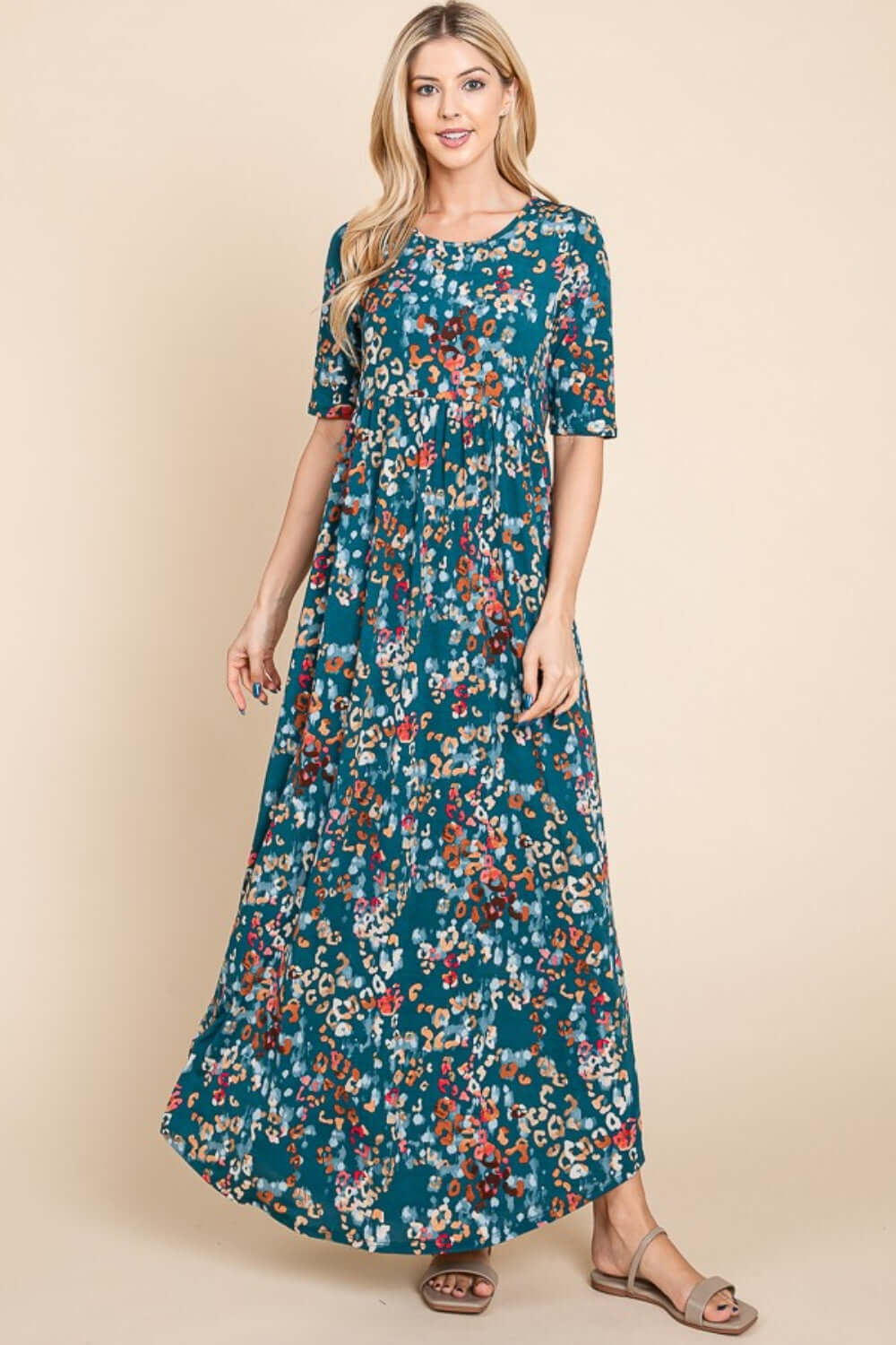 BOMBOM Printed Shirred Maxi Dress at Bella Road