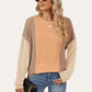 Trendy round neck long sleeve t-shirt with texture contrast in stylish color combo, perfect for layering or standing out