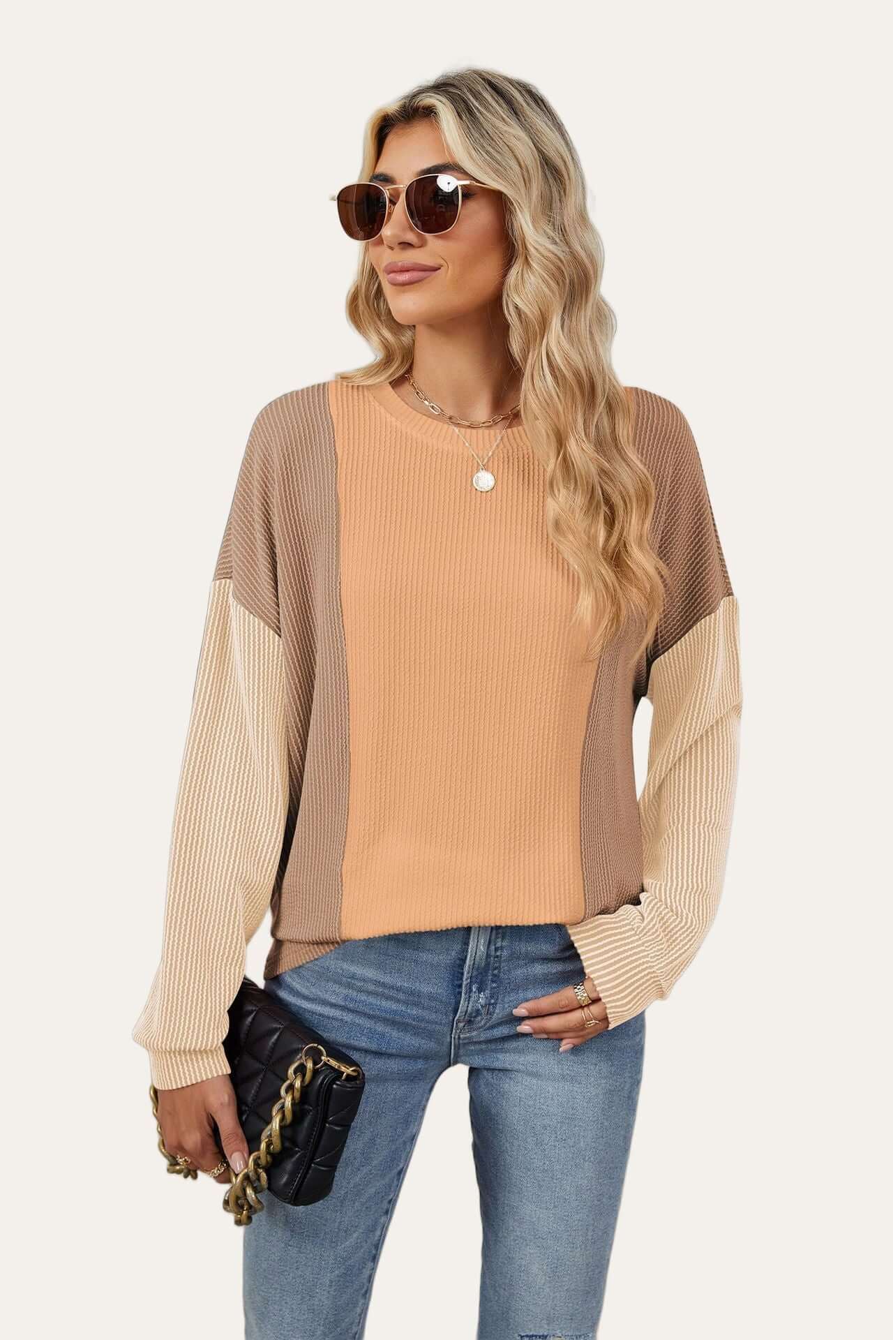 Trendy round neck long sleeve t-shirt with texture contrast in stylish color combo, perfect for layering or standing out